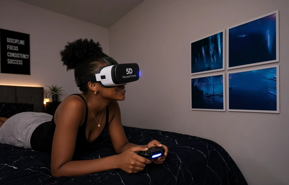 Playing an AR game with a controller while photo-set prints hang on the wall