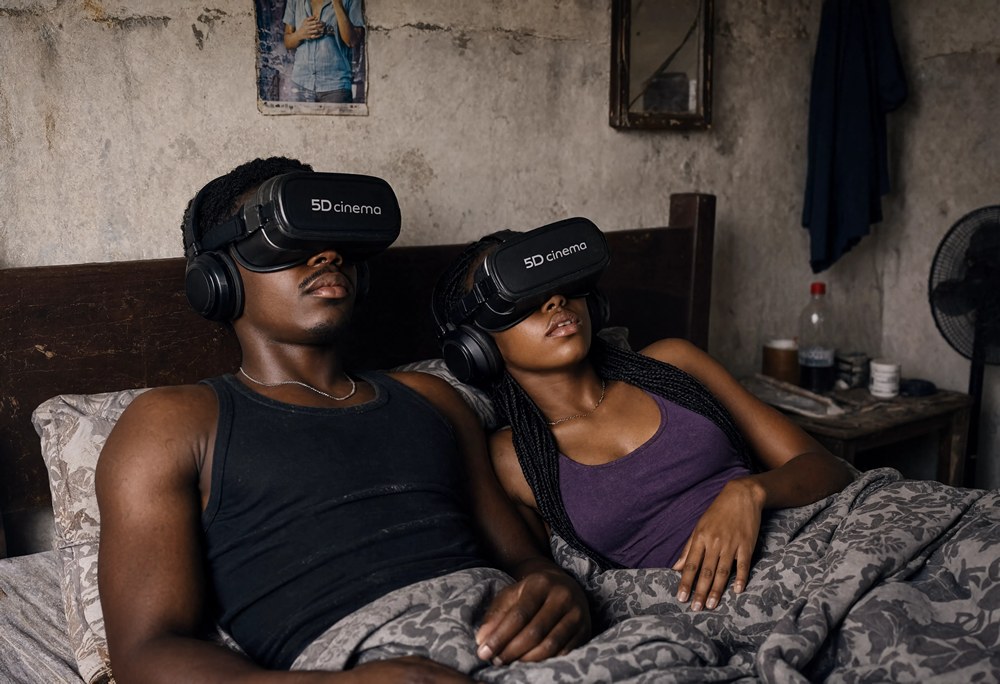 Two people watching a film together in headsets at night