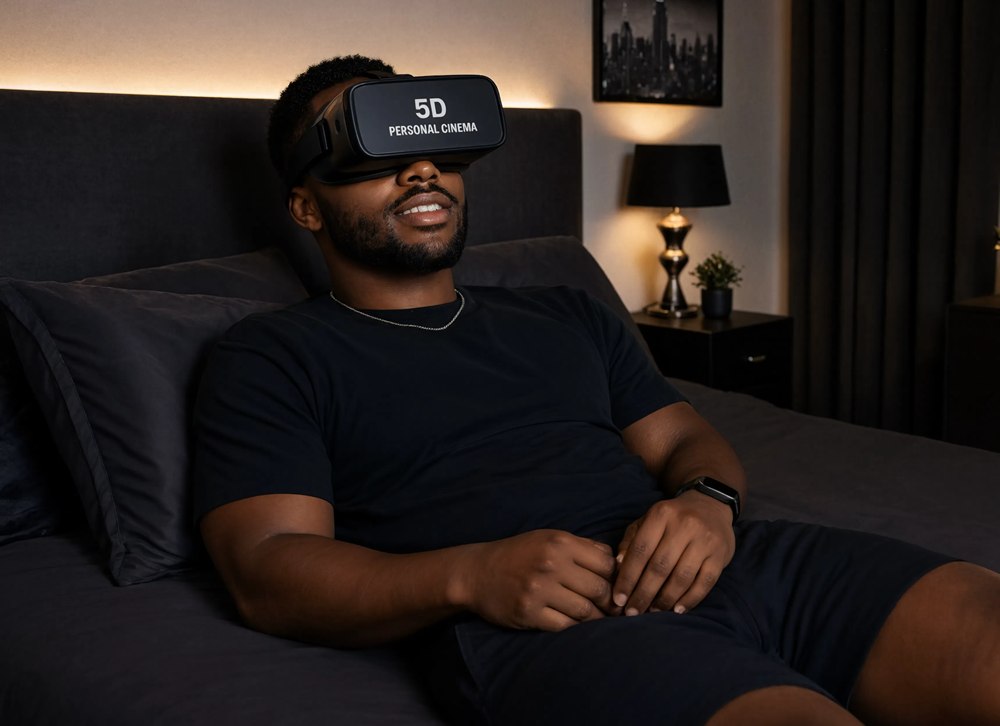 A man reclining at home wearing the Oasis 5D headset