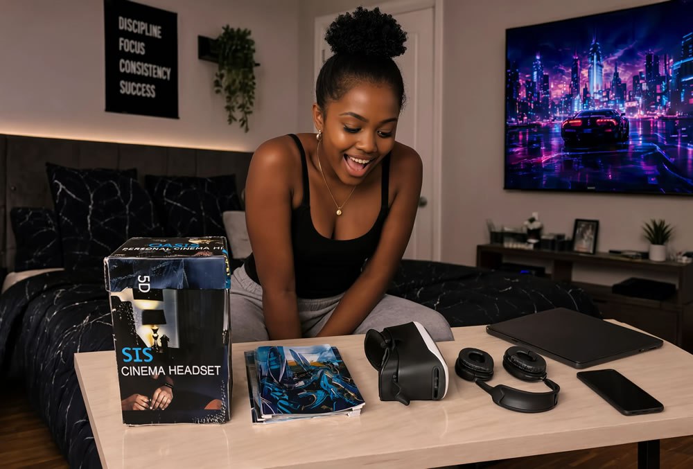 The Oasis 5D kit unboxed on a table: box, AR photo-set prints, headset and headphones